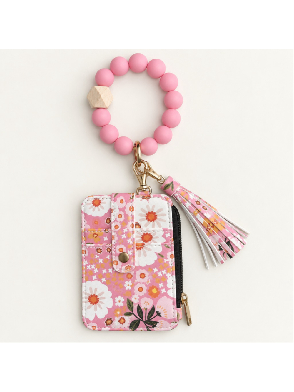 Pink Floral Beaded Wristlet Card Holder ID Wallet with Tassel
